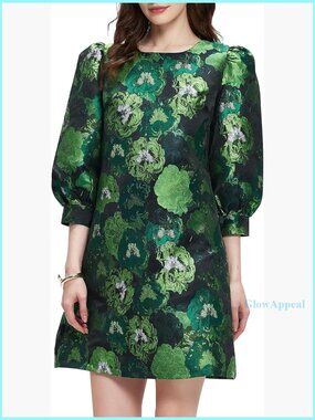 Jacquard Mini Dress with Puff Sleeves, Shift Style for Business & Parties